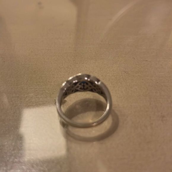 Art Deco 18k white gold band with real pave diamonds and sapphire ring - Picture 5 of 8